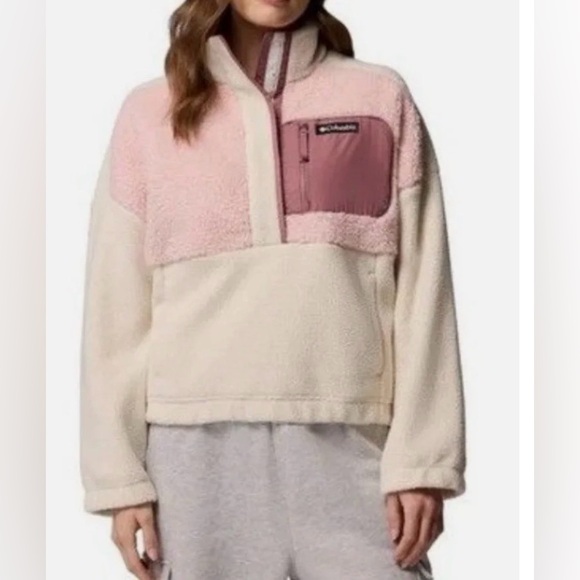 Columbia Sherpa Fleece Pullover Sz Medium Chalk Pink Teddy Snap Relaxed Fit NWT - Picture 10 of 11